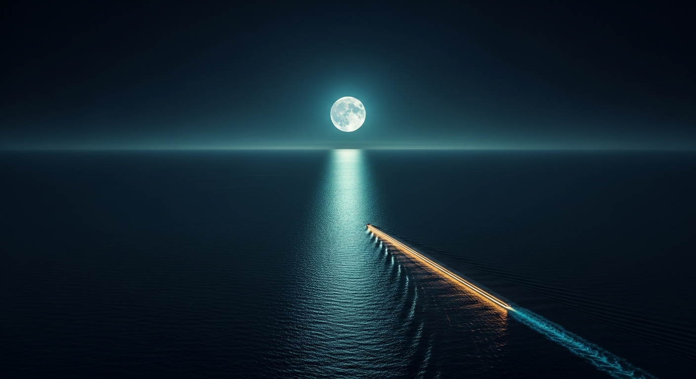 A moonlit wake across open water — the Moonwake signature